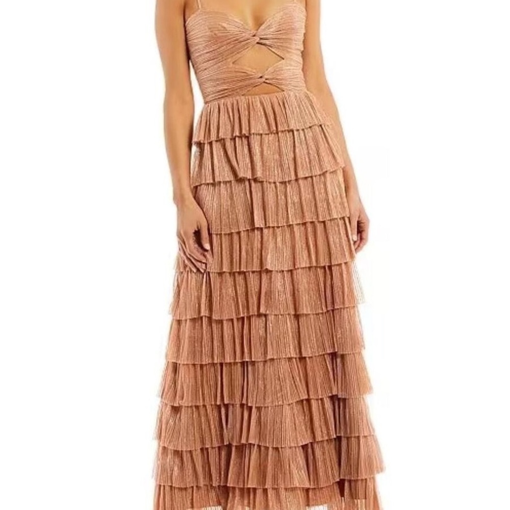 Grace Metallic Plisse Sweetheart Neck Cut-Out Tiered Dress